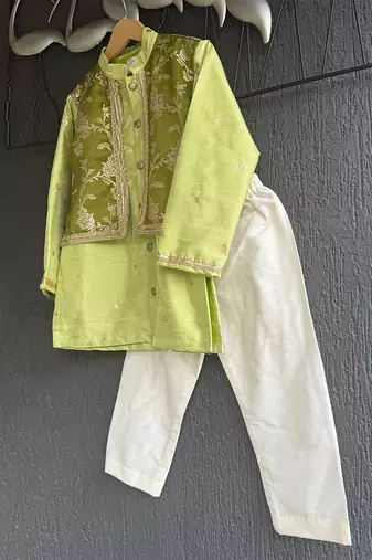 Lime green embroidered cotton silk Boy's Kurta Pyjama