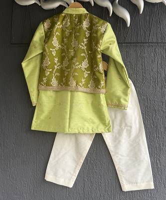Lime green embroidered cotton silk Boy's Kurta Pyjama 5