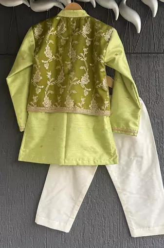 Lime green embroidered cotton silk Boy's Kurta Pyjama