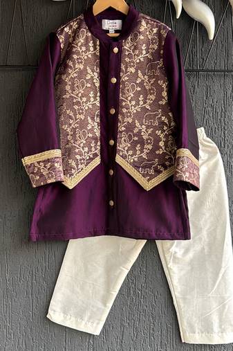Wine purple embroidered cotton silk kurta set