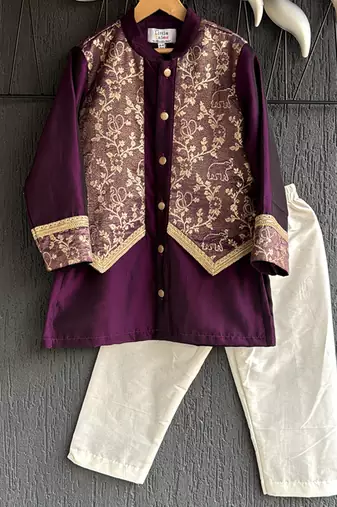 Wine purple embroidered cotton silk kurta set