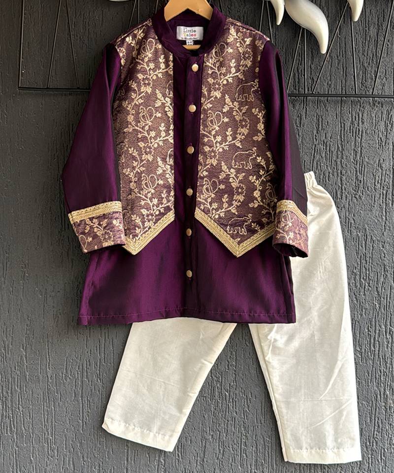 Wine purple embroidered cotton silk kurta set