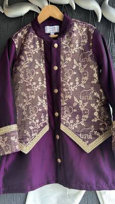 Wine purple embroidered cotton silk Boy's Kurta Pyjama 2