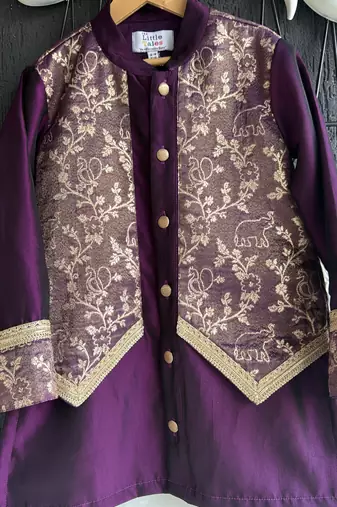 Wine purple embroidered cotton silk Boy's Kurta Pyjama