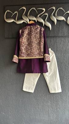 Wine purple embroidered cotton silk Boy's Kurta Pyjama 3