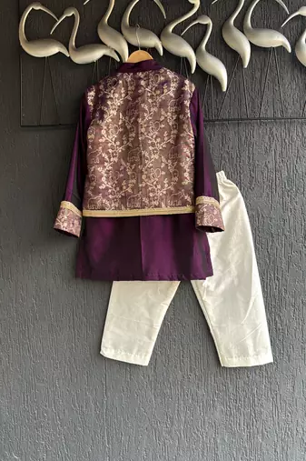 Wine purple embroidered cotton silk Boy's Kurta Pyjama