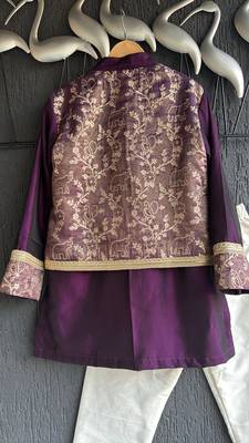 Wine purple embroidered cotton silk Boy's Kurta Pyjama 4