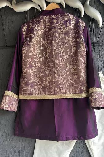 Wine purple embroidered cotton silk Boy's Kurta Pyjama