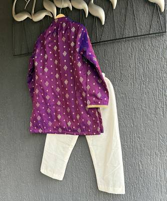 Deep royal purple embroidered cotton silk Boy's Kurta Pyjama 2