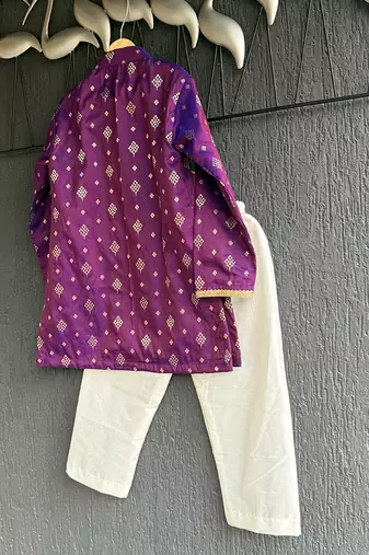 Deep royal purple embroidered cotton silk Boy's Kurta Pyjama