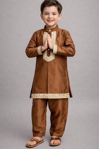 Coffee brown embroidered cotton silk kurta set
