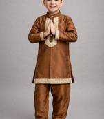 Coffee brown embroidered cotton silk Boy's Kurta Pyjama