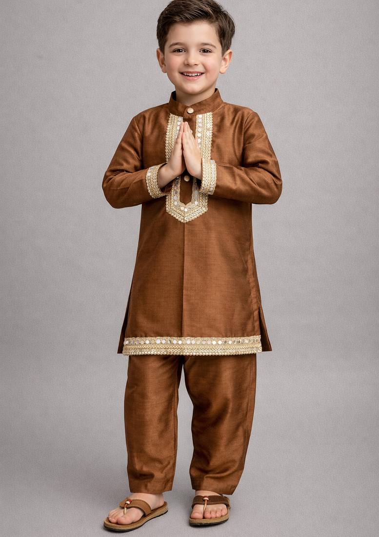 Coffee brown embroidered cotton silk kurta set