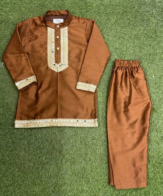 Coffee brown embroidered cotton silk Boy's Kurta Pyjama 2