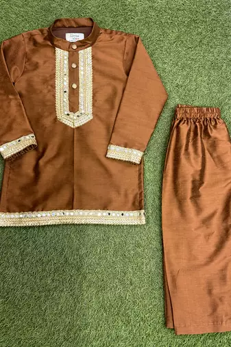 Coffee brown embroidered cotton silk Boy's Kurta Pyjama