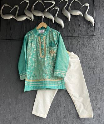 Pastel green embroidered cotton silk Boy's Kurta Pyjama 1
