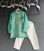 Pastel green embroidered cotton silk Boy's Kurta Pyjama
