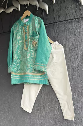 Pastel green embroidered cotton silk Boy's Kurta Pyjama