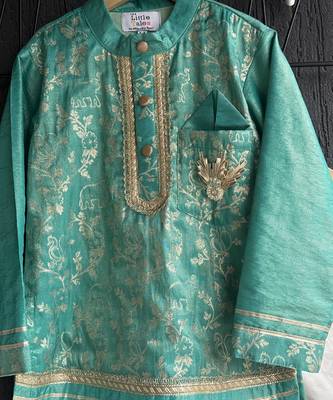 Pastel green embroidered cotton silk Boy's Kurta Pyjama 3