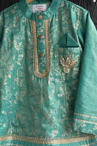 Pastel green embroidered cotton silk Boy's Kurta Pyjama