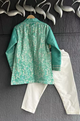 Pastel green embroidered cotton silk Boy's Kurta Pyjama