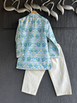 Aqua blue printed cotton silk Boy's Kurta Pyjama 2