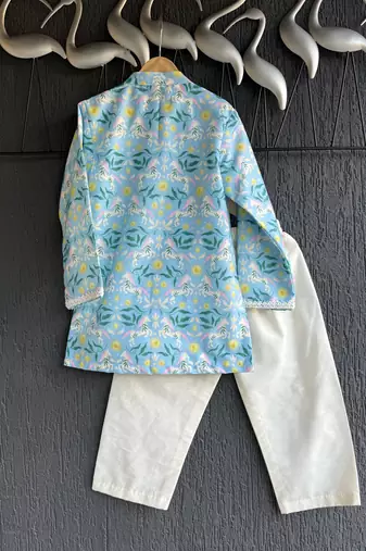 Aqua blue printed cotton silk Boy's Kurta Pyjama