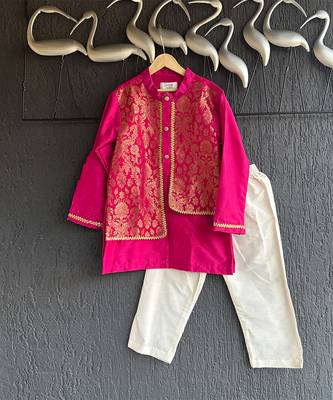 Hot pink embroidered cotton silk Boy's Kurta Pyjama 1