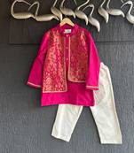 Hot pink embroidered cotton silk Boy's Kurta Pyjama
