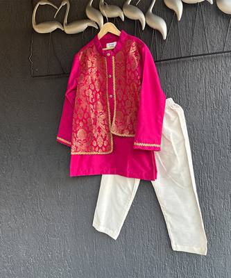 Hot pink embroidered cotton silk Boy's Kurta Pyjama 2