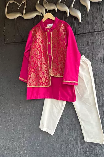 Hot pink embroidered cotton silk Boy's Kurta Pyjama