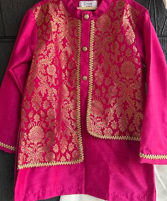 Hot pink embroidered cotton silk Boy's Kurta Pyjama 3