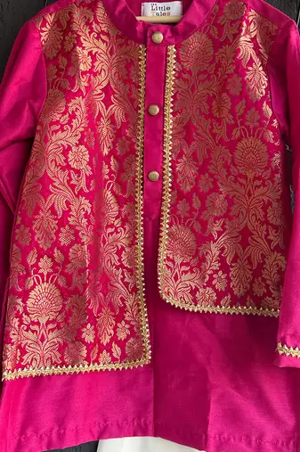 Hot pink embroidered cotton silk Boy's Kurta Pyjama