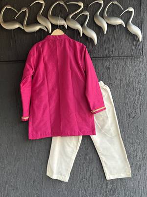 Hot pink embroidered cotton silk Boy's Kurta Pyjama 4