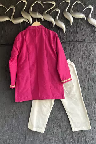 Hot pink embroidered cotton silk Boy's Kurta Pyjama