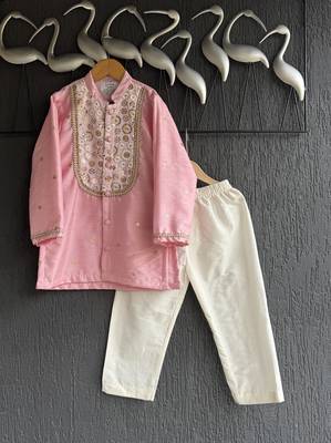 Baby pink embroidered cotton silk Boy's Kurta Pyjama 1