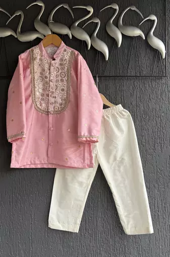 Baby pink embroidered cotton silk kurta set