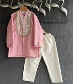Baby pink embroidered cotton silk kurta set