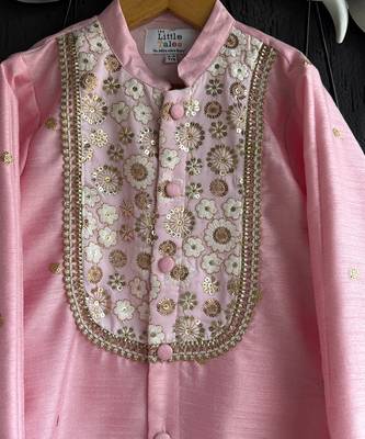 Baby pink embroidered cotton silk Boy's Kurta Pyjama 2