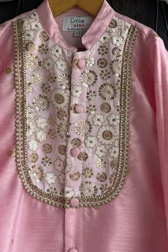 Baby pink embroidered cotton silk Boy's Kurta Pyjama