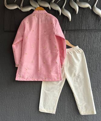 Baby pink embroidered cotton silk Boy's Kurta Pyjama 4