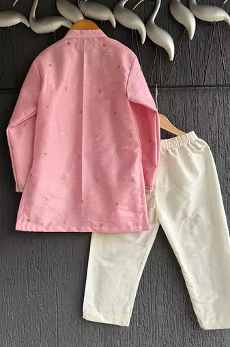 Baby pink embroidered cotton silk Boy's Kurta Pyjama