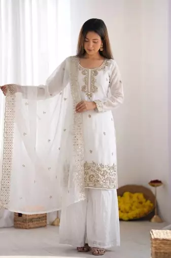 White gmy choo silk embroidered sharara set