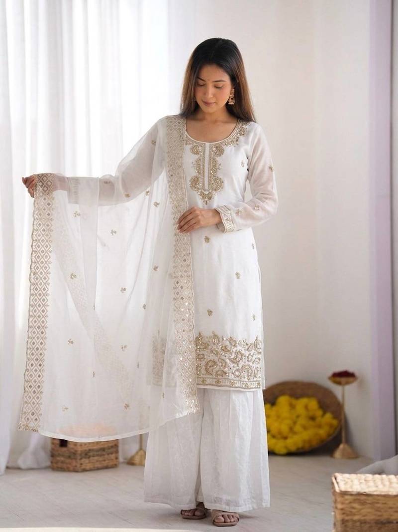 White gmy choo silk embroidered sharara set