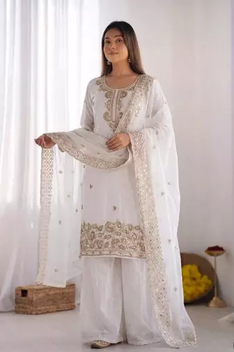 White gmy choo silk embroidered sharara set