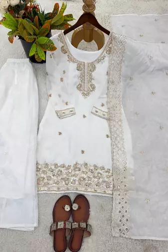 White gmy choo silk embroidered sharara set