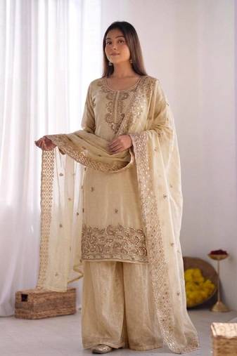 Cream gmy choo silk embroidered sharara set