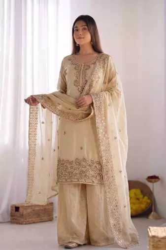 Cream gmy choo silk embroidered sharara set