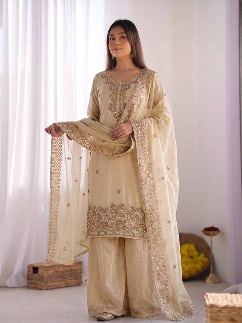 Cream gmy choo silk embroidered sharara set
