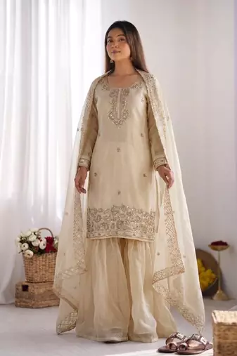 Cream gmy choo silk embroidered sharara set